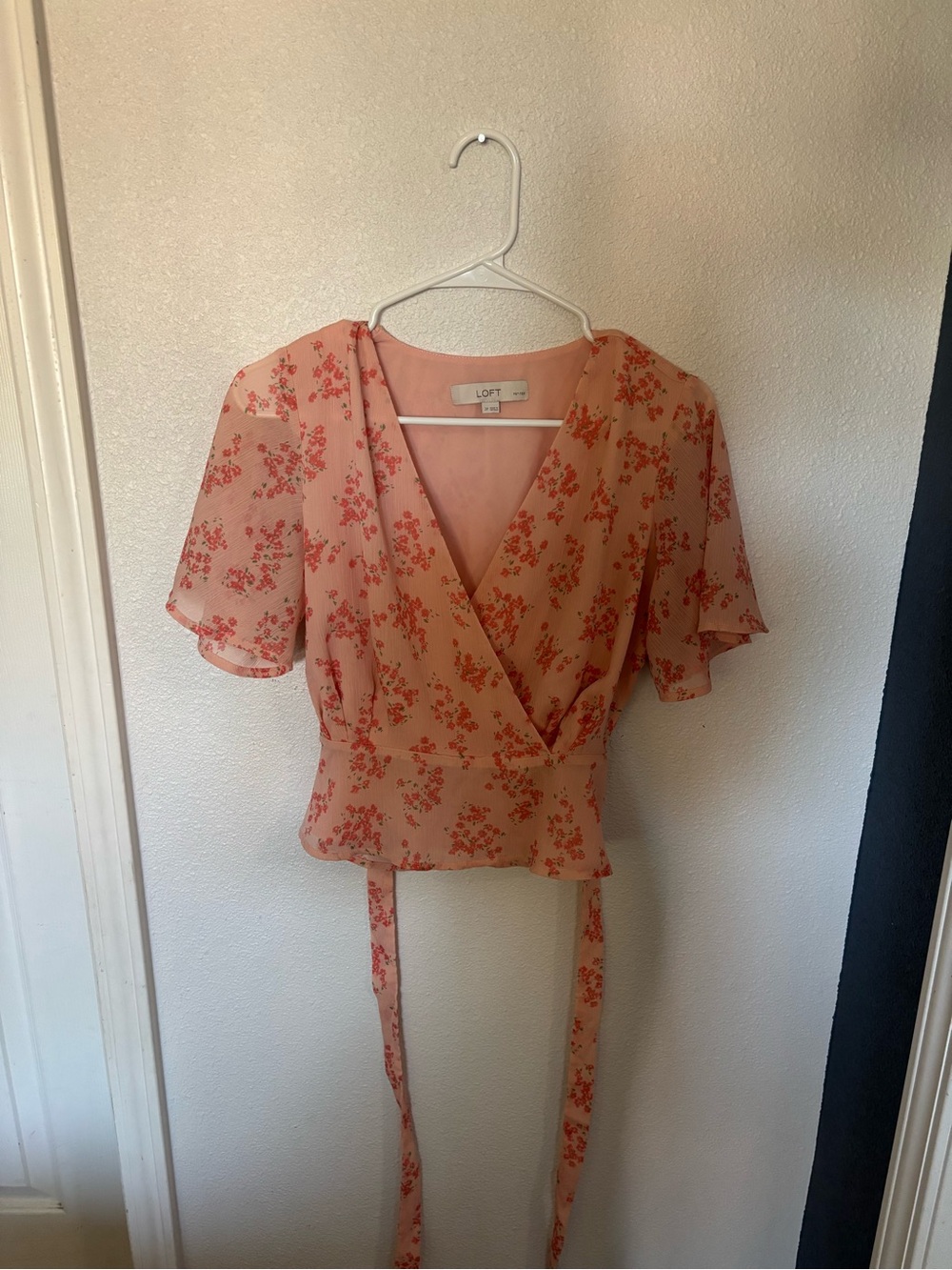 LOFT Peach Floral Wrap Top with Tie Waist